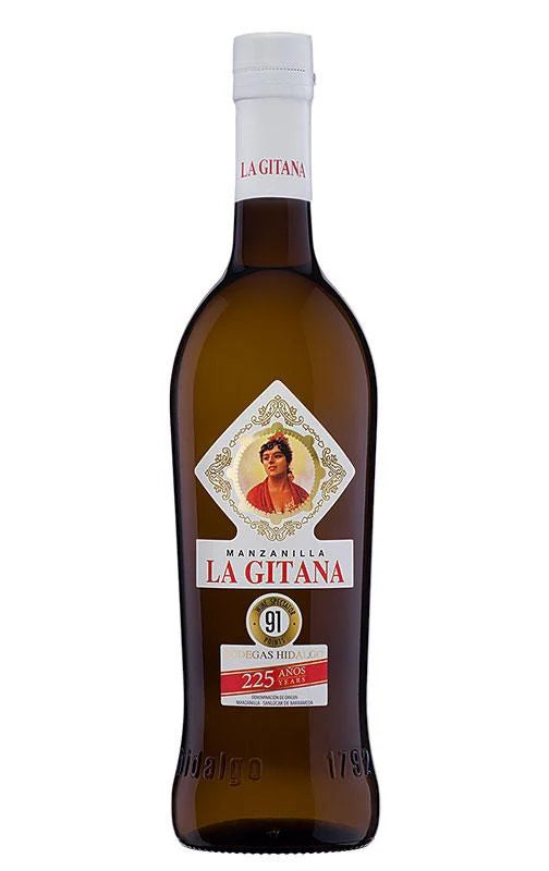 Bottle of La Gitana Manzanilla wine on a white background