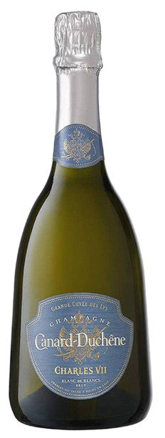 Bottle of Canard-Duchene champagne with a blue label on a white background
