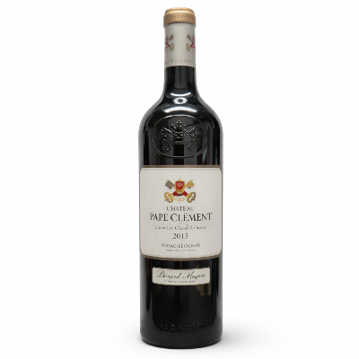 Château Pape Clément 2015 Pessac-Léognan Bordeaux red wine bottle on white background, photographed at Happy Wine Calle Ocho in Miami, showing label, vintage, and classic style.