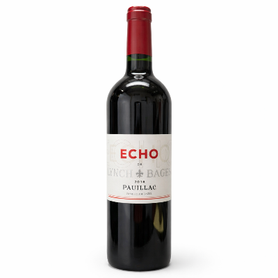 Echo de Lynch-Bages 2016 Pauillac red Bordeaux wine bottle on white background, photographed at Happy Wine Calle Ocho in Miami, showcasing label, vintage, and classic Left Bank style.
