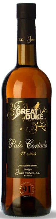 Bottle of 'Great Duke' Palo Cortado wine on a white background