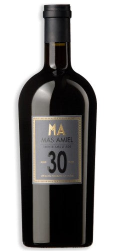 Wine bottle with 'Mas Amiel' label on a white background