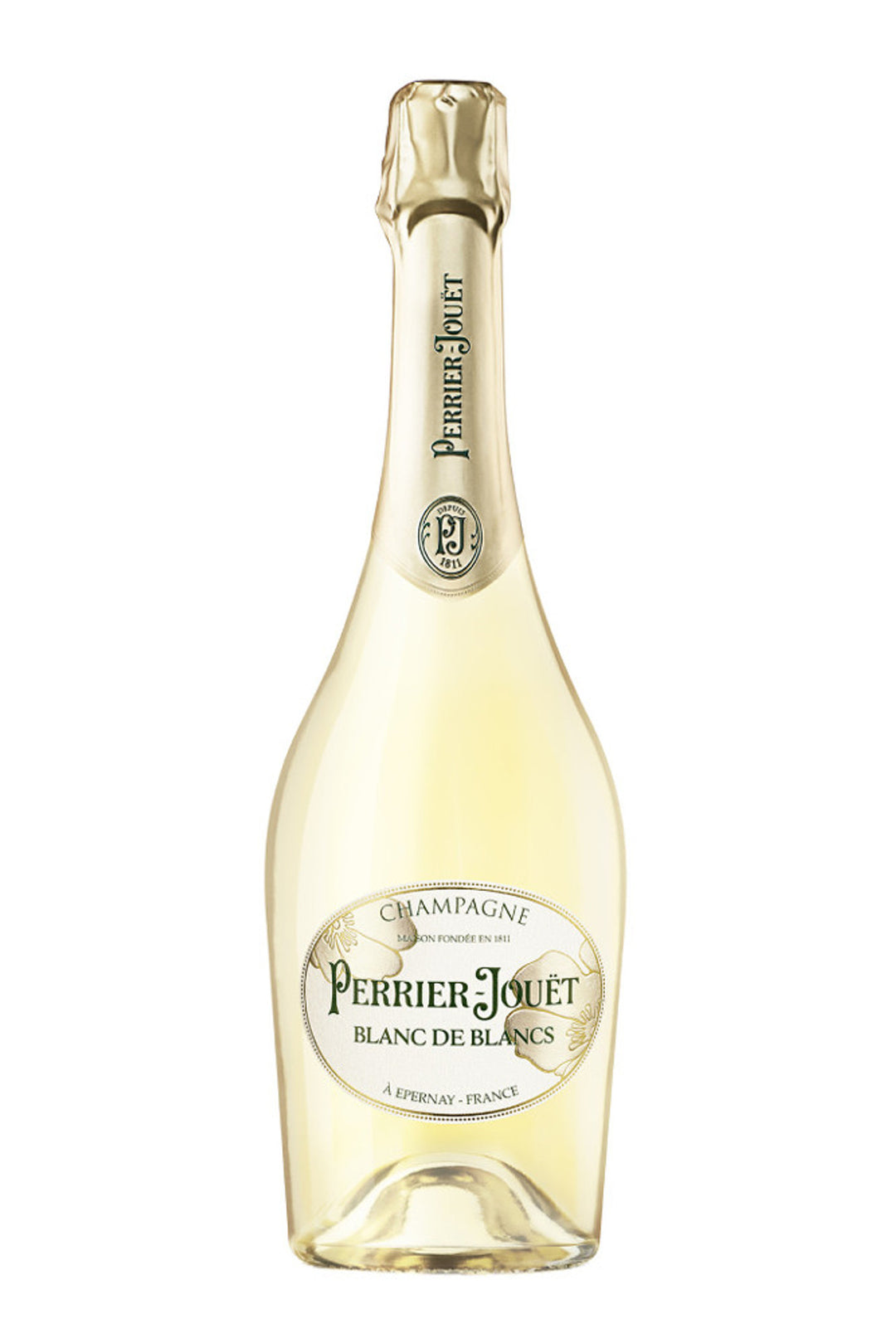 Perrier-Jouèt champagne bottle on a white background