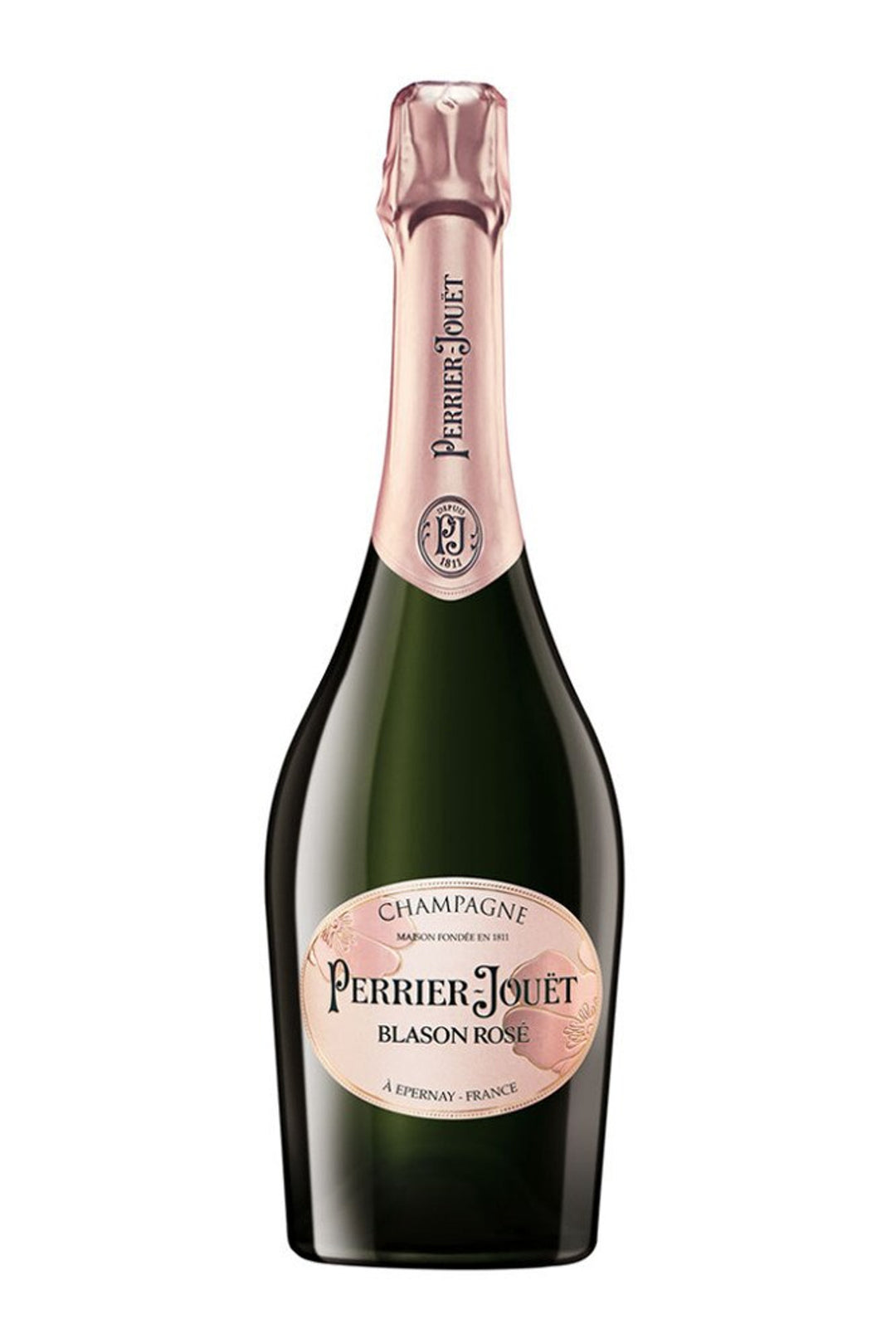 Perrier-Jouet Blason Rosé champagne bottle on a white background