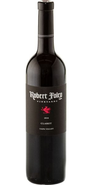 Black wine bottle with 'Robert Foley Vineyards' label on a white background