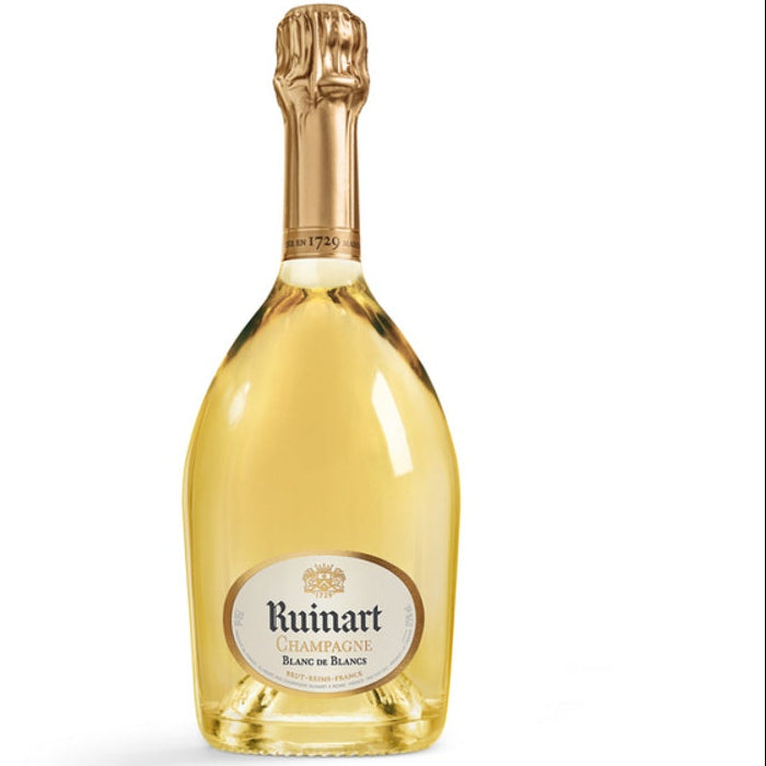 Ruinart Blanc de Blancs Champagne full bottle on white background at Happy Wine Calle Ocho