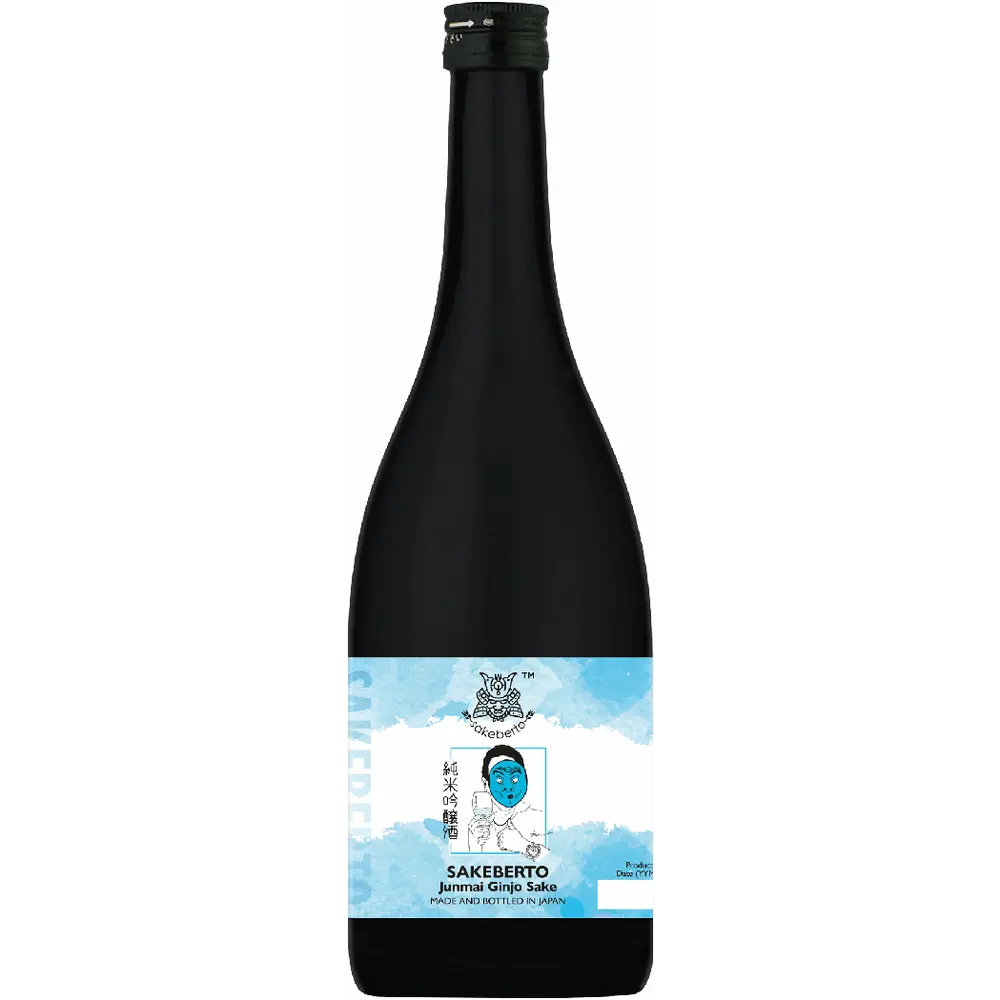 Black sake bottle with a blue label on a white background