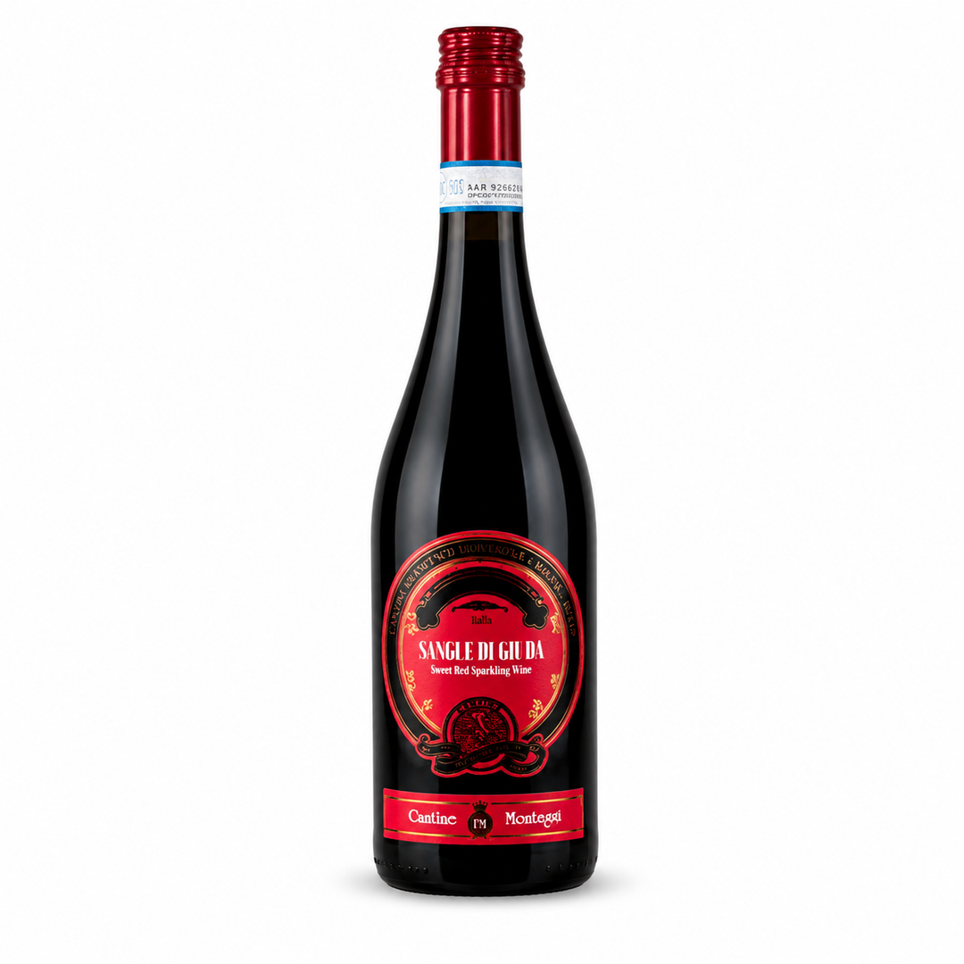 Sangue di Giuda Sweet Red Sparkling Wine from Italy on white background - Happy Wine Calle Ocho