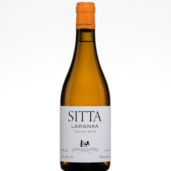 Bottle of Sitta Laranxa Orange Wine from Bodegas y Viñedos Attis in Galicia, Spain — photographed upright on a white background. Elegant label and natural amber hue, ideal for organic and natural wine lovers.