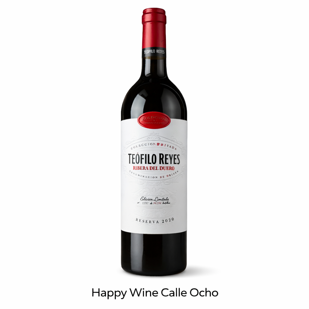 Teófilo Reyes Reserva 2020 from Ribera del Duero, Spain, photographed at Happy Wine Calle Ocho, premium Spanish red wine bottle on white background.
