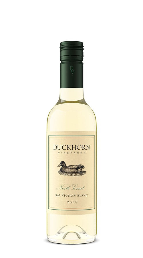 Bottle of Duckhorn Sauvignon Blanc wine on a white background
