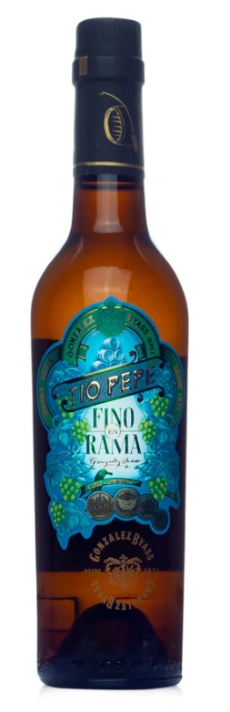 Bottle of Fino Ranae with a blue label on a white background