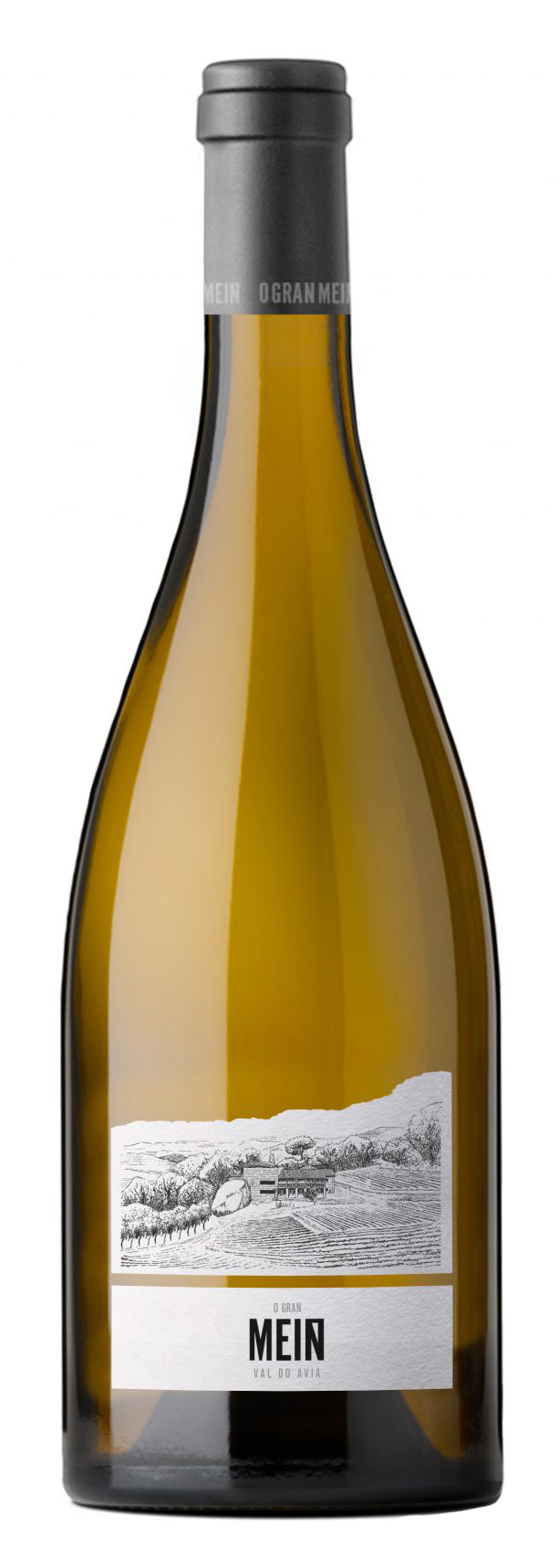 Wine bottle with a label featuring a black and white landscape design on a white background